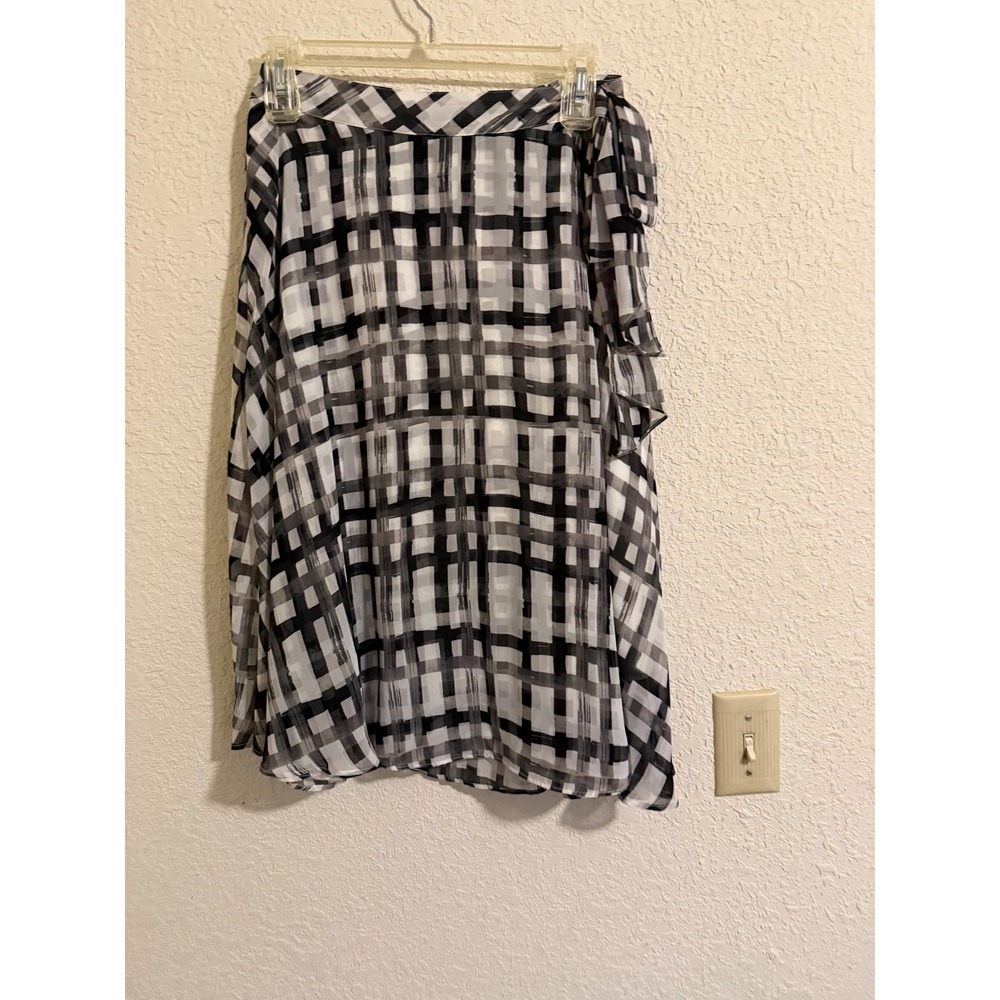 ELLE Womens Black White Abstract Plaid Chiffon Ruffle Midi Skirt Size S Small